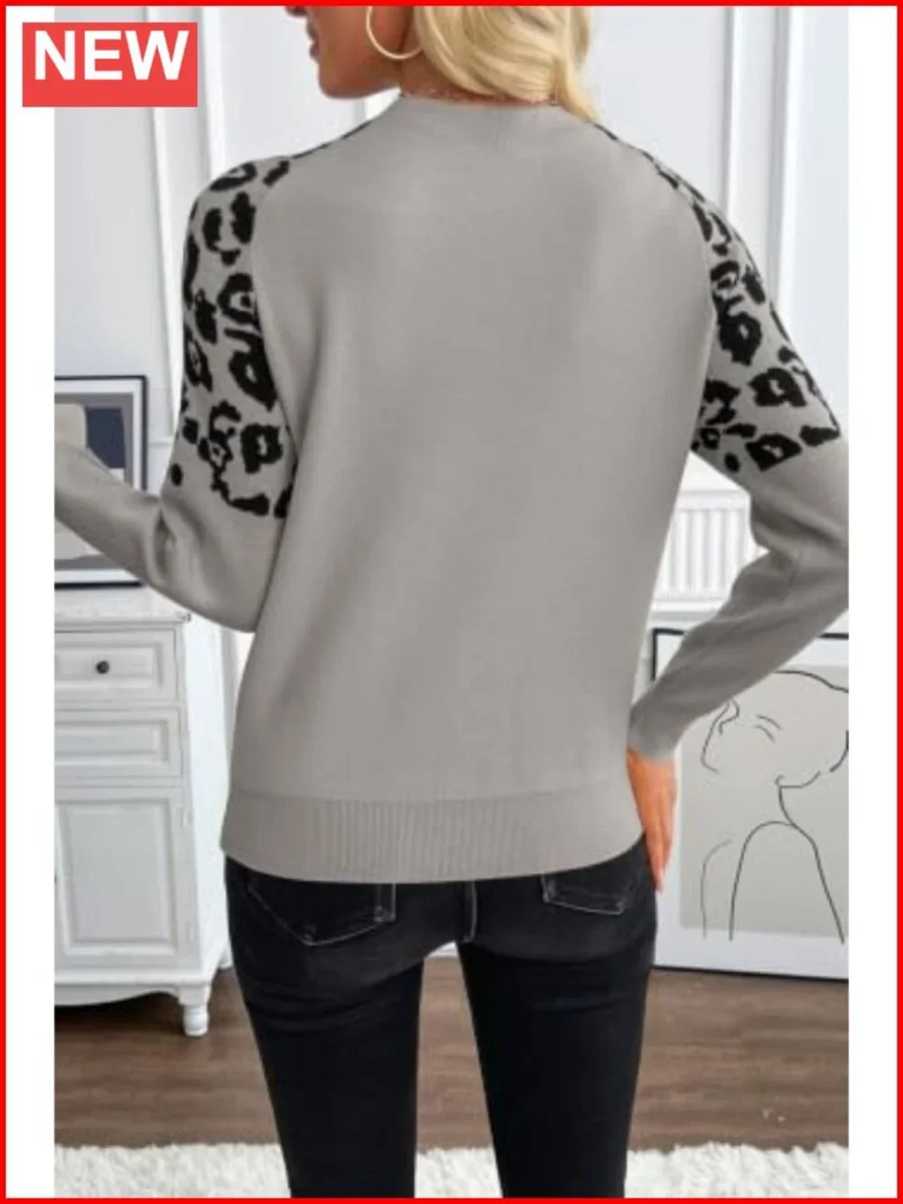 Raglan Sleeve Leopard Knit Pullover Sweater Loose Fit Fall Winter